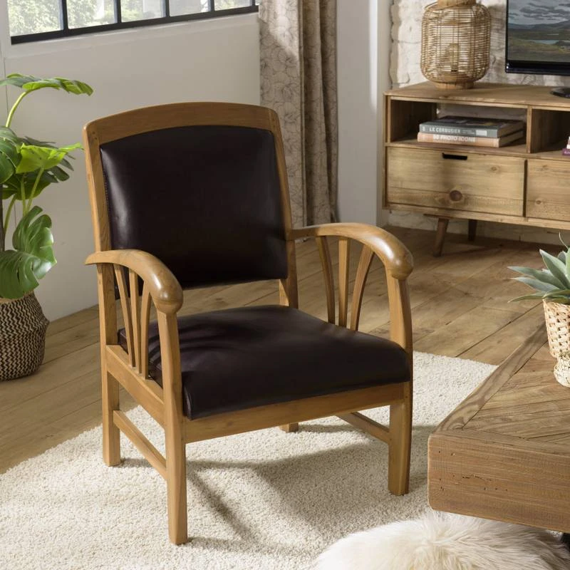 Fauteuil En Teck Et Cuir Marron 5 Fauteuil En Teck Et Cuir Marron – Image 3