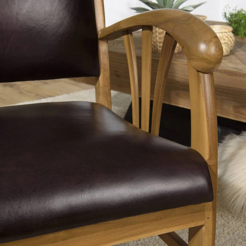Fauteuil En Teck Et Cuir Marron 6 Fauteuil En Teck Et Cuir Marron – Image 4